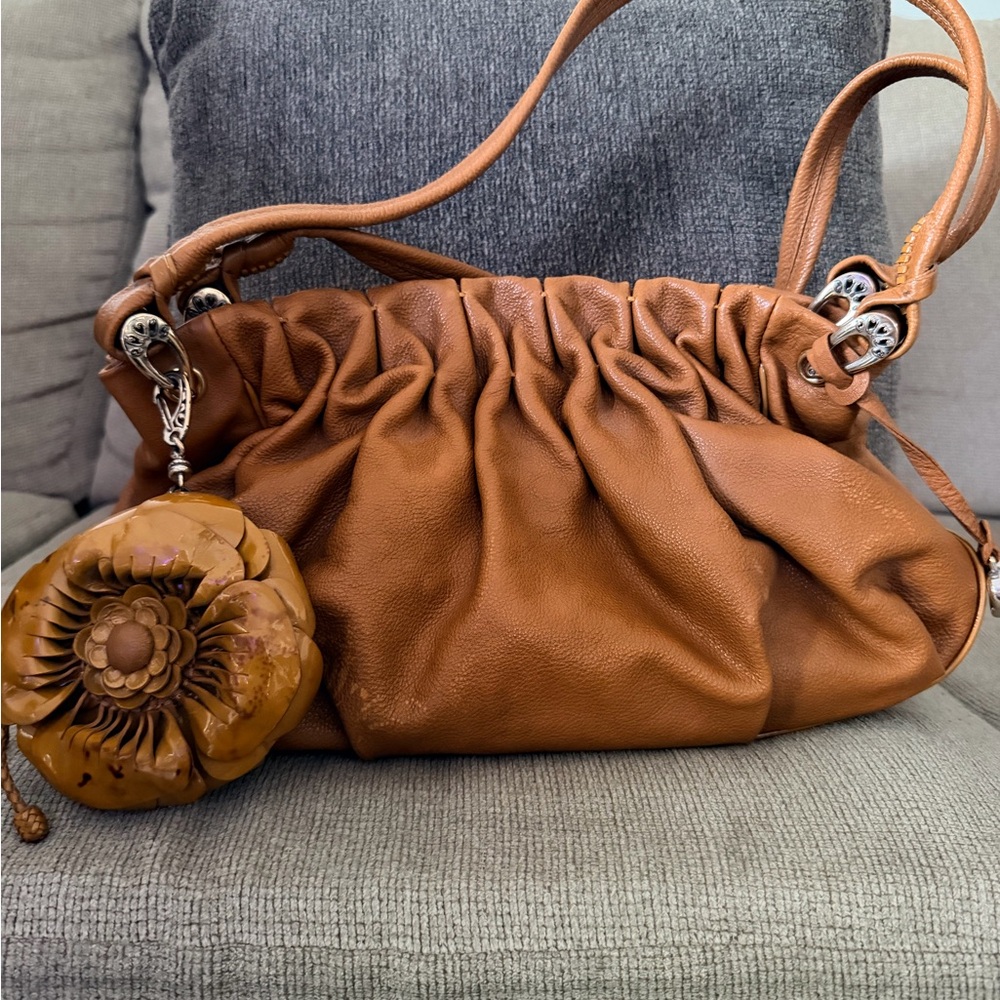 Brighton Tan Leather Shoulder Bag with Floral Change Purse